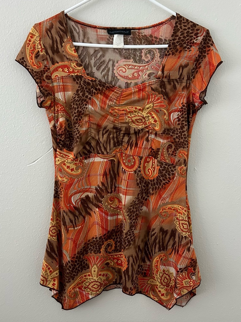 Vtg Y2K 90s Babydoll Boho Top S Square Neck Ruched Handkerchief Hem Mixed Print